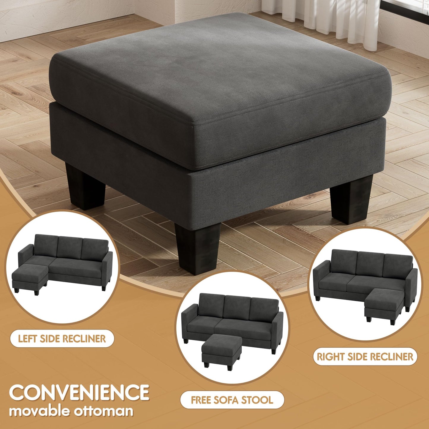 VICTONE - Sofá seccional convertible, sofá en forma de L de 3 plazas con tela de lino, sofá pequeño otomano movible para apartamentos pequeños, sala de estar y oficina (gris oscuro)