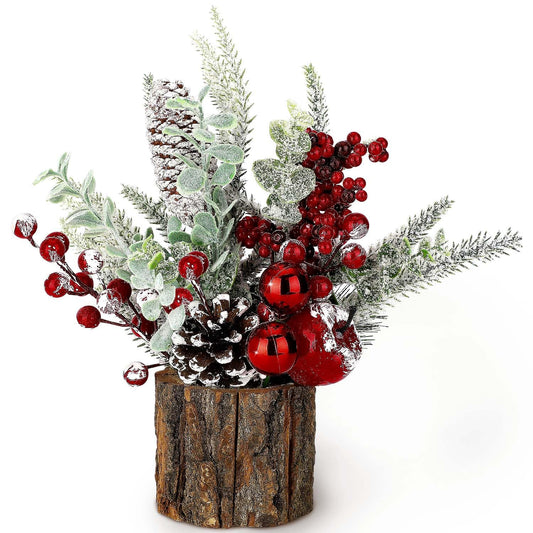 Small Christmas Tree Tabletop Artificial Mini Christmas Tree Decorations with Holiday Ornaments Red Berry Pine Cone Greenery for Home Indoor Fireplace Mantel Xmas Decor (Tree Stump-Red)