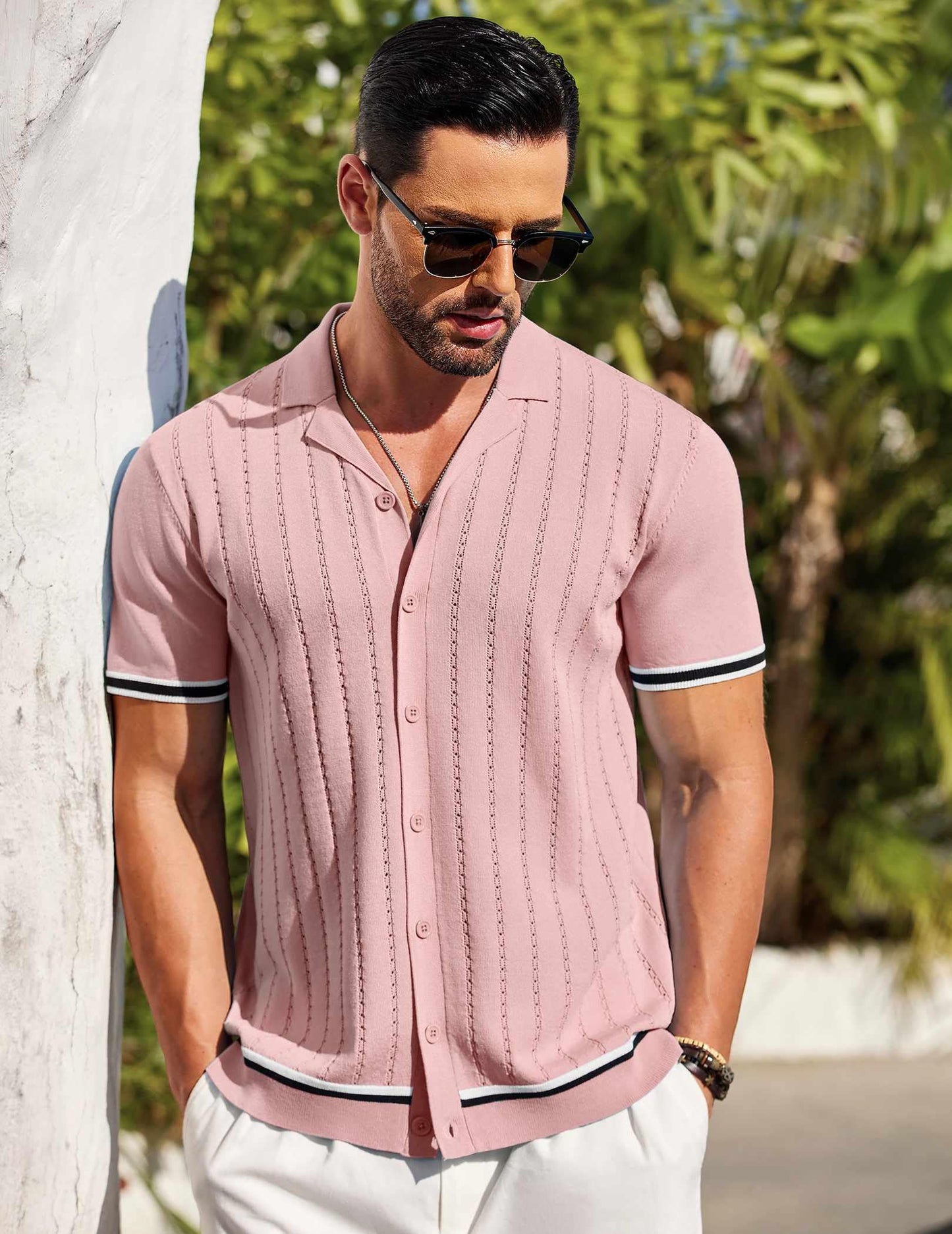 COOFANDY Contrast Knitted Shirt for Men Vintage Polo Shirt Short Sleeve Light Pink