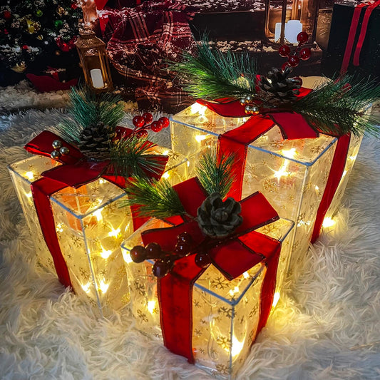 Christmas Decorations Indoor, Purtuemy Set of 3 Christmas Lighted Gift Boxes 60 LED Light up Xmas Present Ornament for Tree Indoor Outdoor Yard Holiday Door, Christmas Lights,Warm White, UL Plug