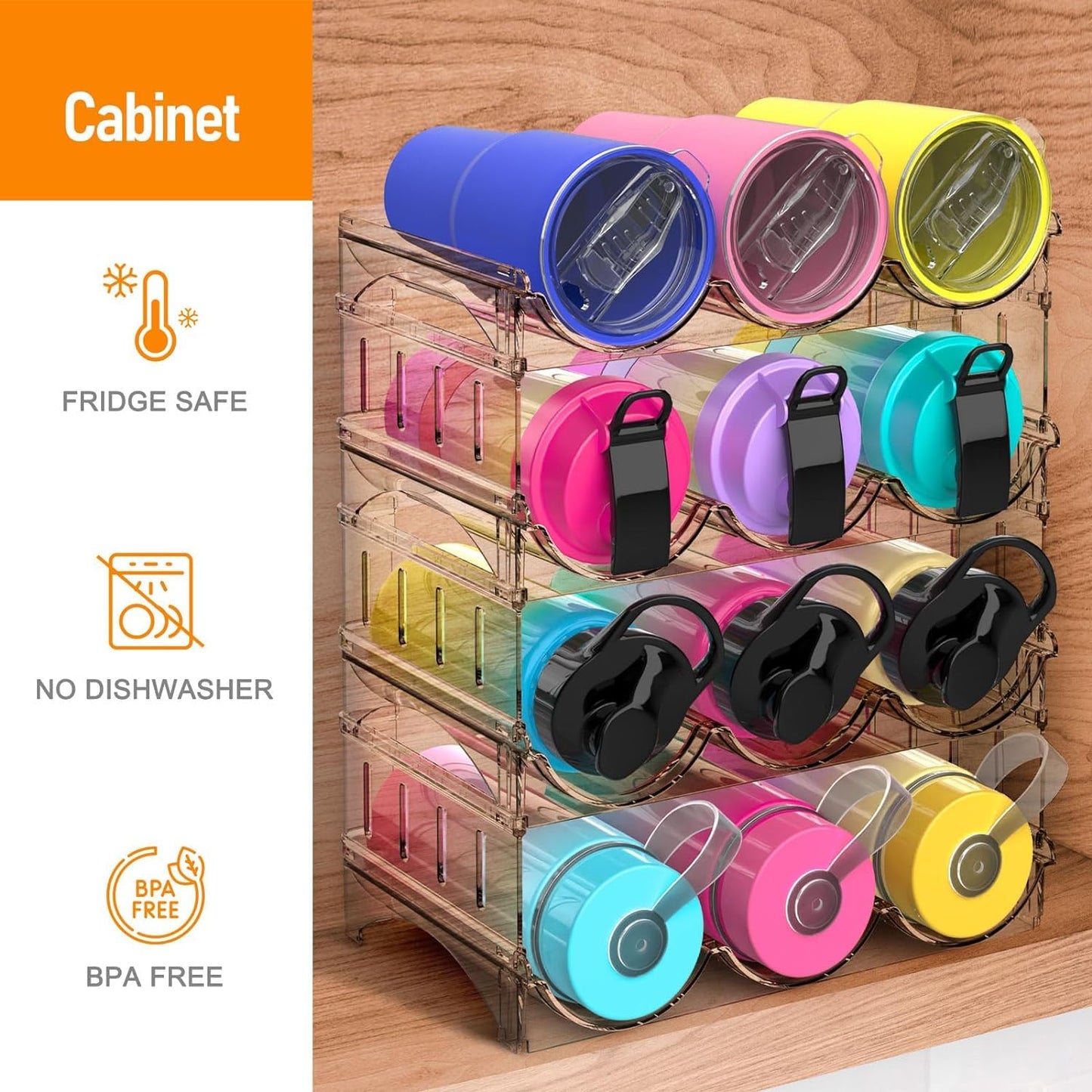 Water Bottle Organizer, Stackable Water Bottle Holder for Kitchen Pantry, Fridge, Cabinet,Tumbler Travel Cup Holder and Organizer，Stackable Cup Holder for Wine, Water, Each Rack Holds 3 Containers【1】