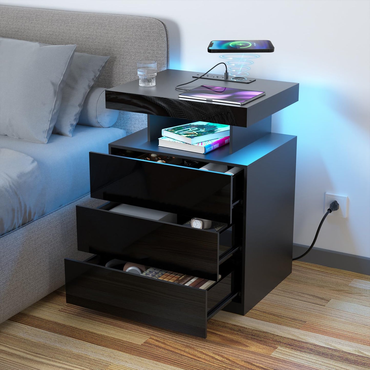 HOMMPA LED Nightstand with Wireless Charging Station 2 Outlets USB Port Type C Black Bedside Table with 3 Drawers Modern Smart LED Nightstand