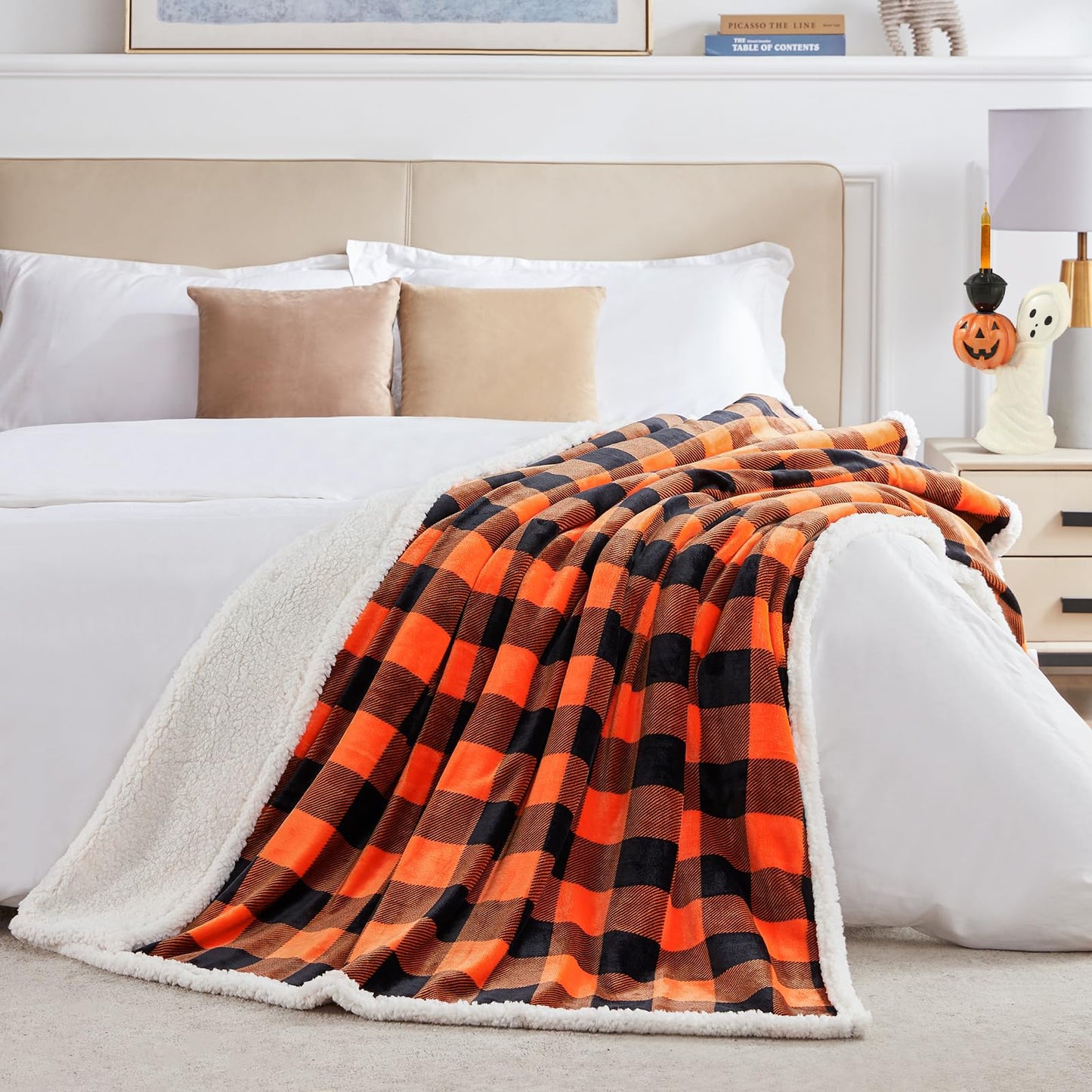 Touchat Sherpa Orange Buffalo Plaid Halloween Twin Blanket, Fall Fuzzy Fluffy Soft Cozy Blanket, Fleece Flannel Plush Microfiber Blanket for Couch Bed Sofa,Halloween Decor(60" X 70")