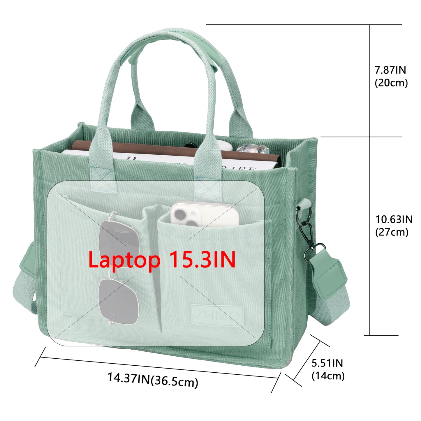 ZHMO Large Top Handles Canvas Tote Bag for Women With Pockets,Green Laptop Crossbody Purses Everyday Satchel Shoulder Hobo Work Bags Handbags for Gift Teacher Beach Travel Gym Book Weekend Nurse