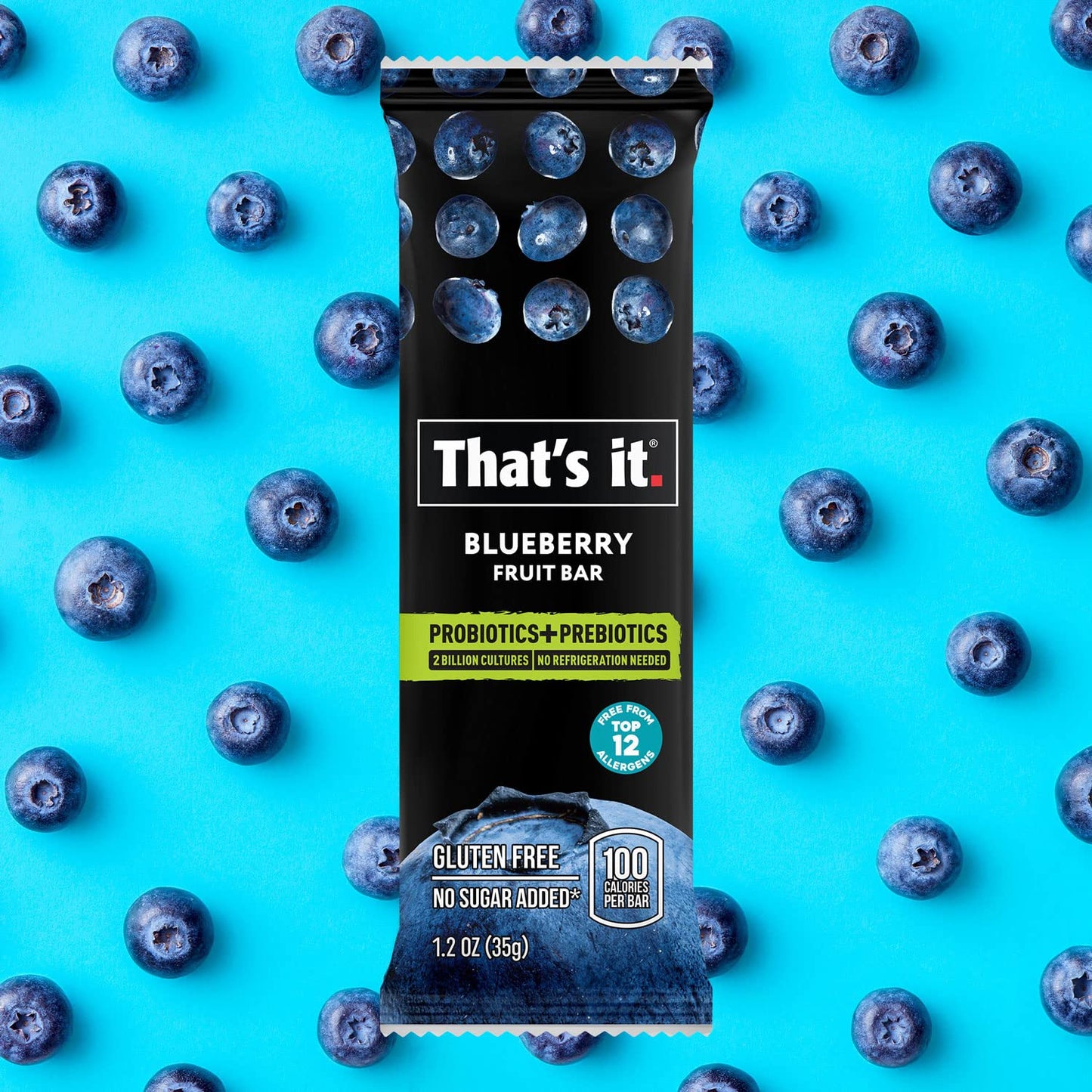 That's it. Probiotic Fruit Bar Variety Pack, Mango & Blueberry Flavors, Just Real Fruit + Probiotics, 100 Calories Per Bar, All Natural, 2-3 Ingredients, Shelf Stable, Allergy-Friendly (12 Count)