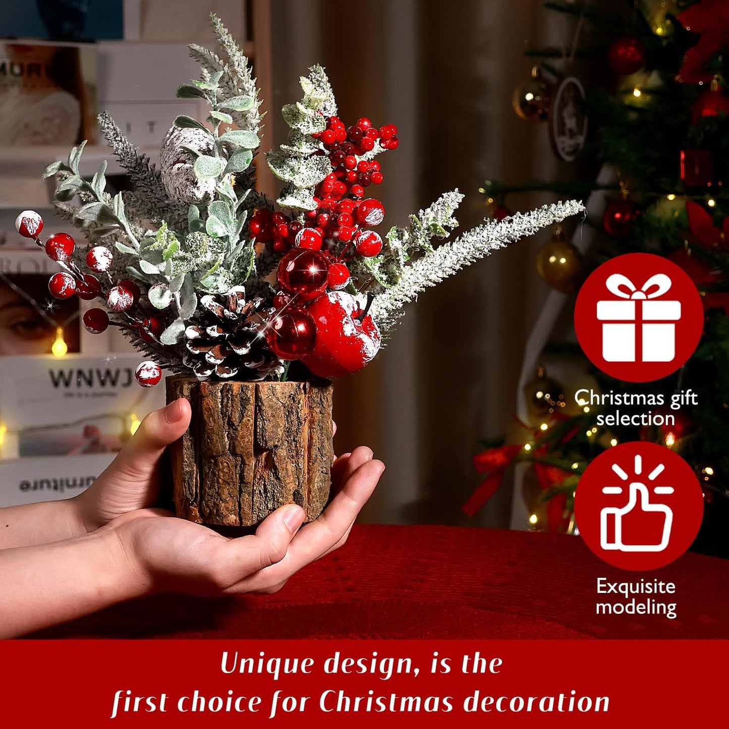 Small Christmas Tree Tabletop Artificial Mini Christmas Tree Decorations with Holiday Ornaments Red Berry Pine Cone Greenery for Home Indoor Fireplace Mantel Xmas Decor (Tree Stump-Red)