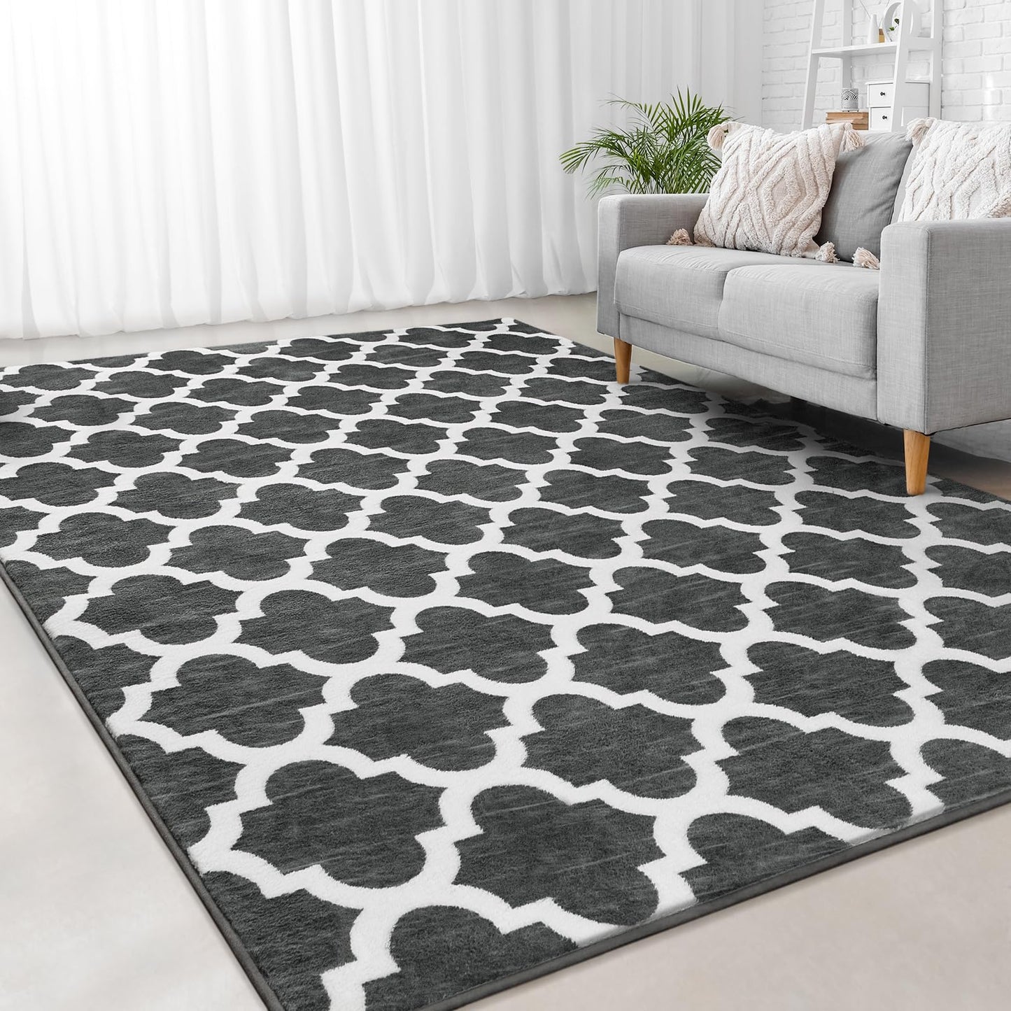 Jelymark Shag Moroccan Area Rug for Living Room, 4x6 Feet Modern Geometric Rug, Fluffy Distressed Faux Wool Floor Carpet, Memory Foam Rug for Bedroom Nursery Kids Room Home Decor, Dark Grey/White