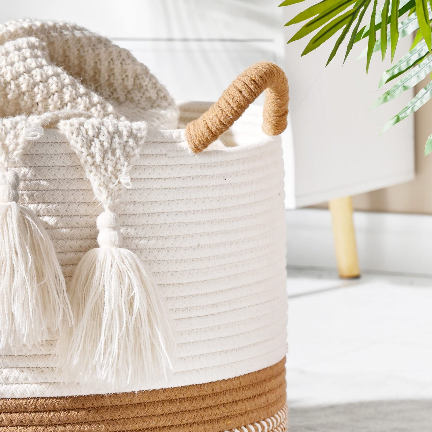 KAKAMAY Large Blanket Basket (20"x13"),Woven Baskets for storage Baby Laundry Hamper, Cotton Rope Blanket Basket for Living Room, Laundry, Nursery, Pillows, Baby Toy chest (White/Brown)