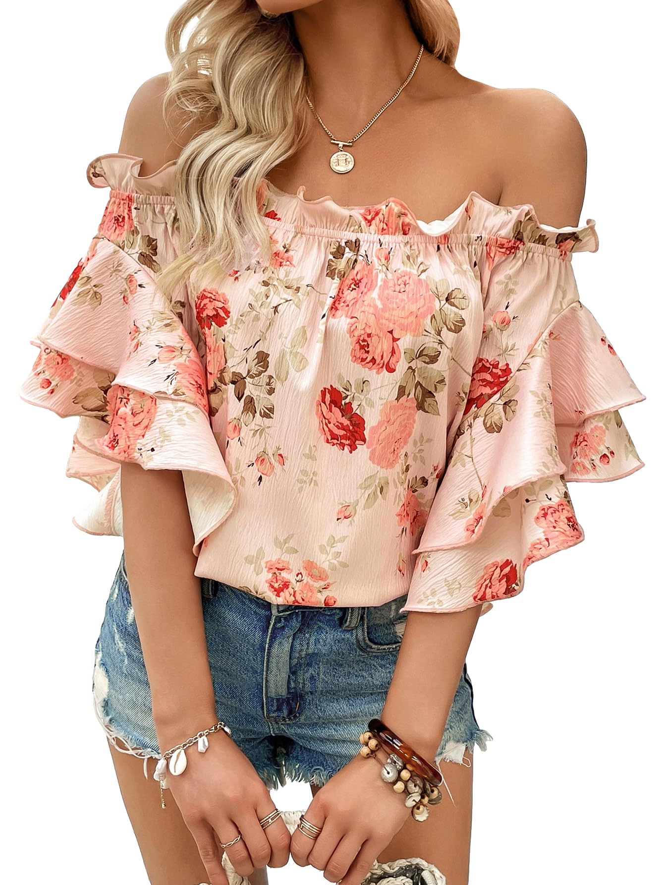 Blusa con estampado floral para mujer de SOLY HUX, hombros descubiertos, ribete con volantes, media manga, blusa de verano, estampado floral rosa mediano