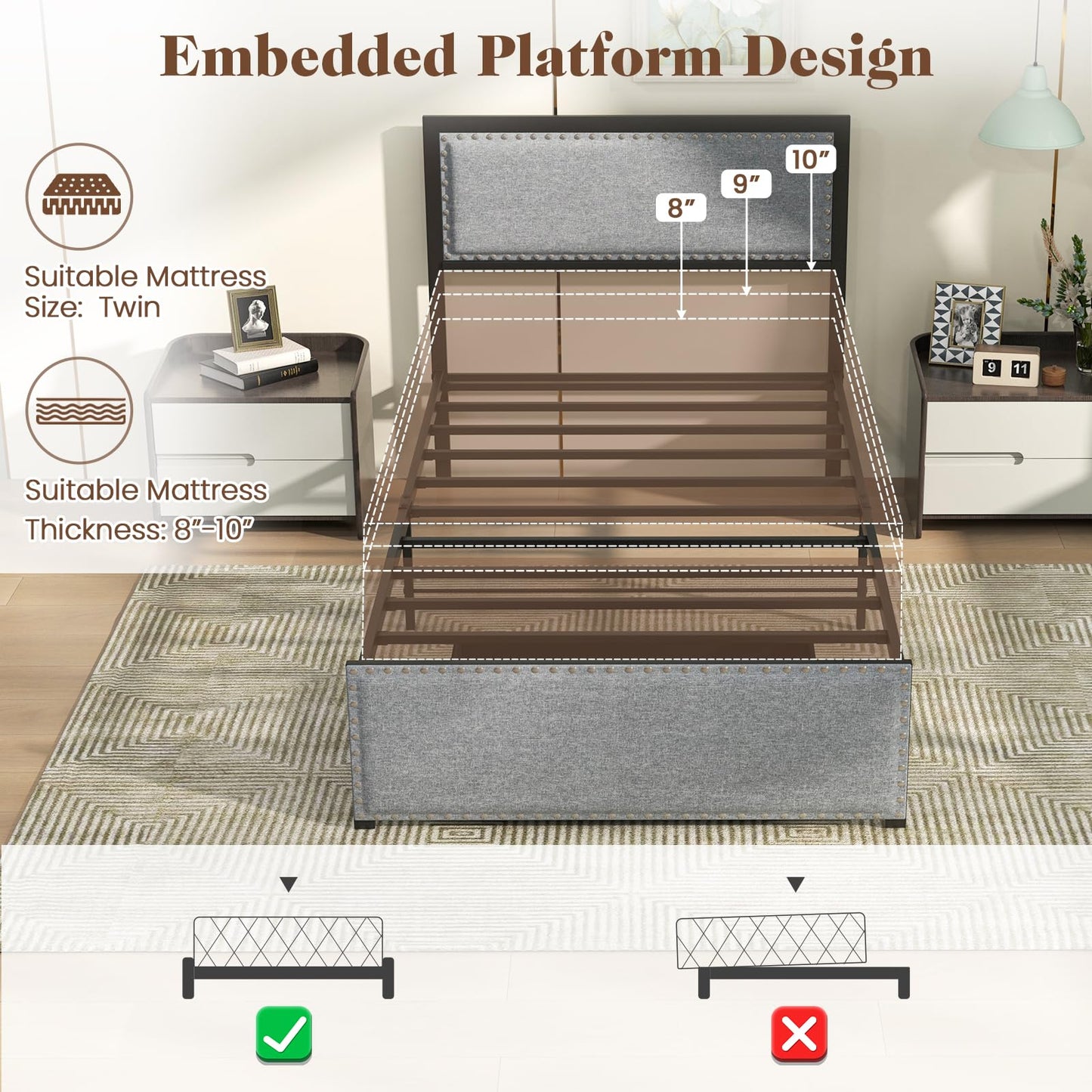 Marco de cama doble Giantex con luces LED y cajón de almacenamiento, cama LED tapizada con cabecera de tela de lino, soporte de listones de metal, no necesita somier,