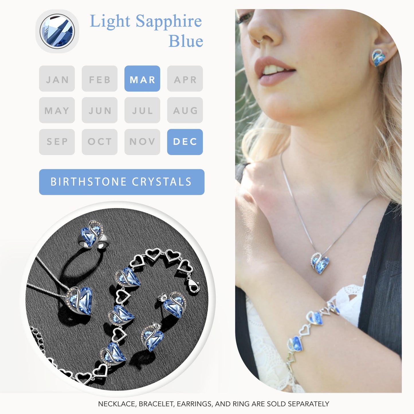 Collares Leafael para mujer, colgante de corazón de amor infinito con cristal de piedra natal azul zafiro claro para marzo y diciembre, regalos de joyería para esposa, cadena plateada de 18 + 2 pulgadas, cumpleaños de su mamá