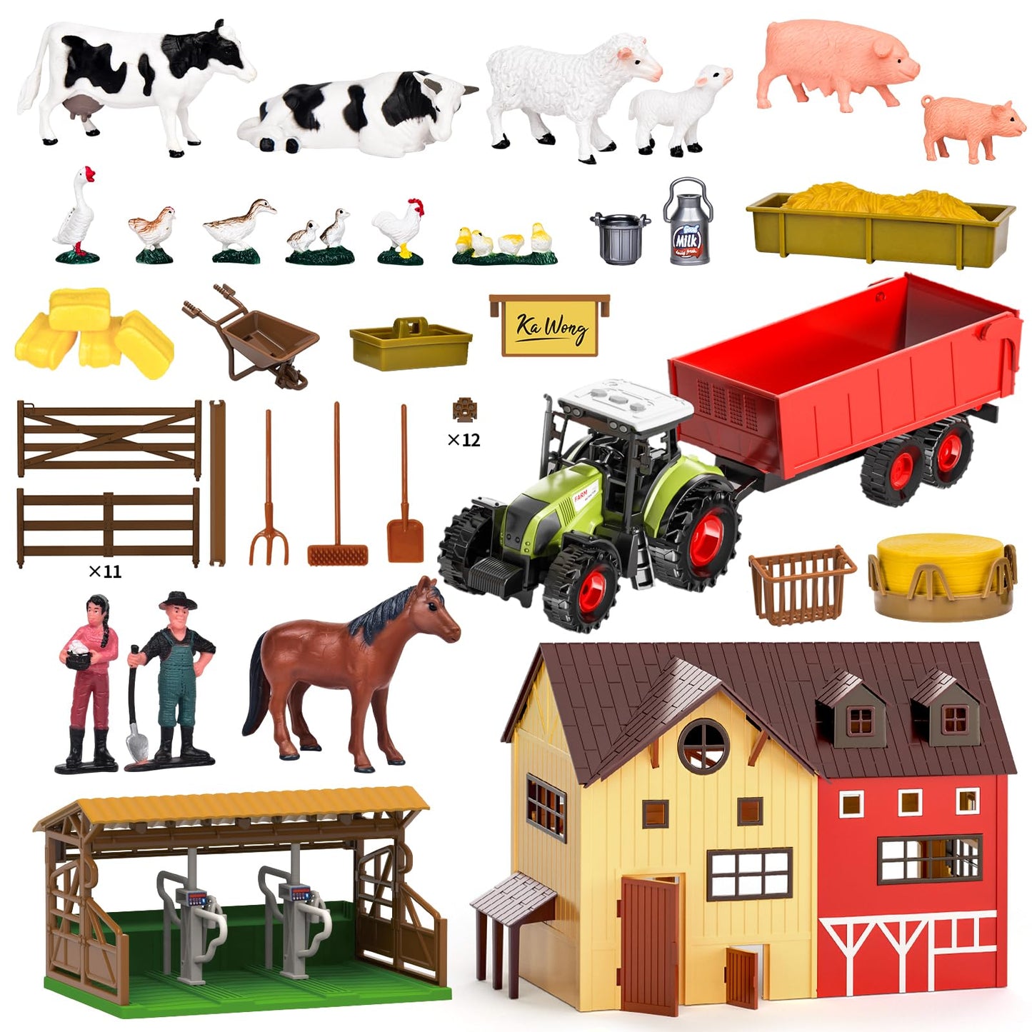 Pupu Pig Farm Animals Barn House Toys - Kids Tractor Toy with Lights & Sound, Horse Stable, Cowshed, Chicken Fence, Animal, Farm Accessories, Easter Birthday Gifts for Boys Toddlers Ages 3+