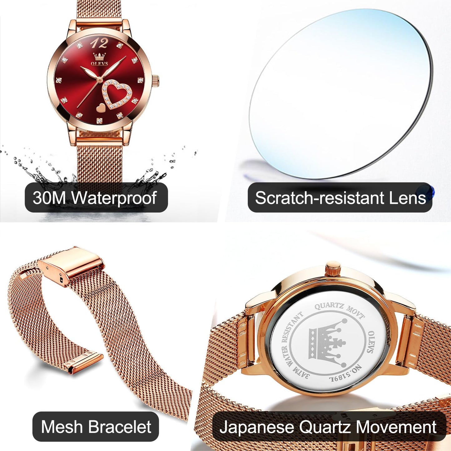 OLEVS Relojes de oro rosa para mujer, relojes de pulsera pequeños con diamantes para mujer, relojes de esfera grande, correa de malla fina de lujo para mujer, relojes analógicos simples con esfera roja para mujer, reloj resistente al agua para mujer