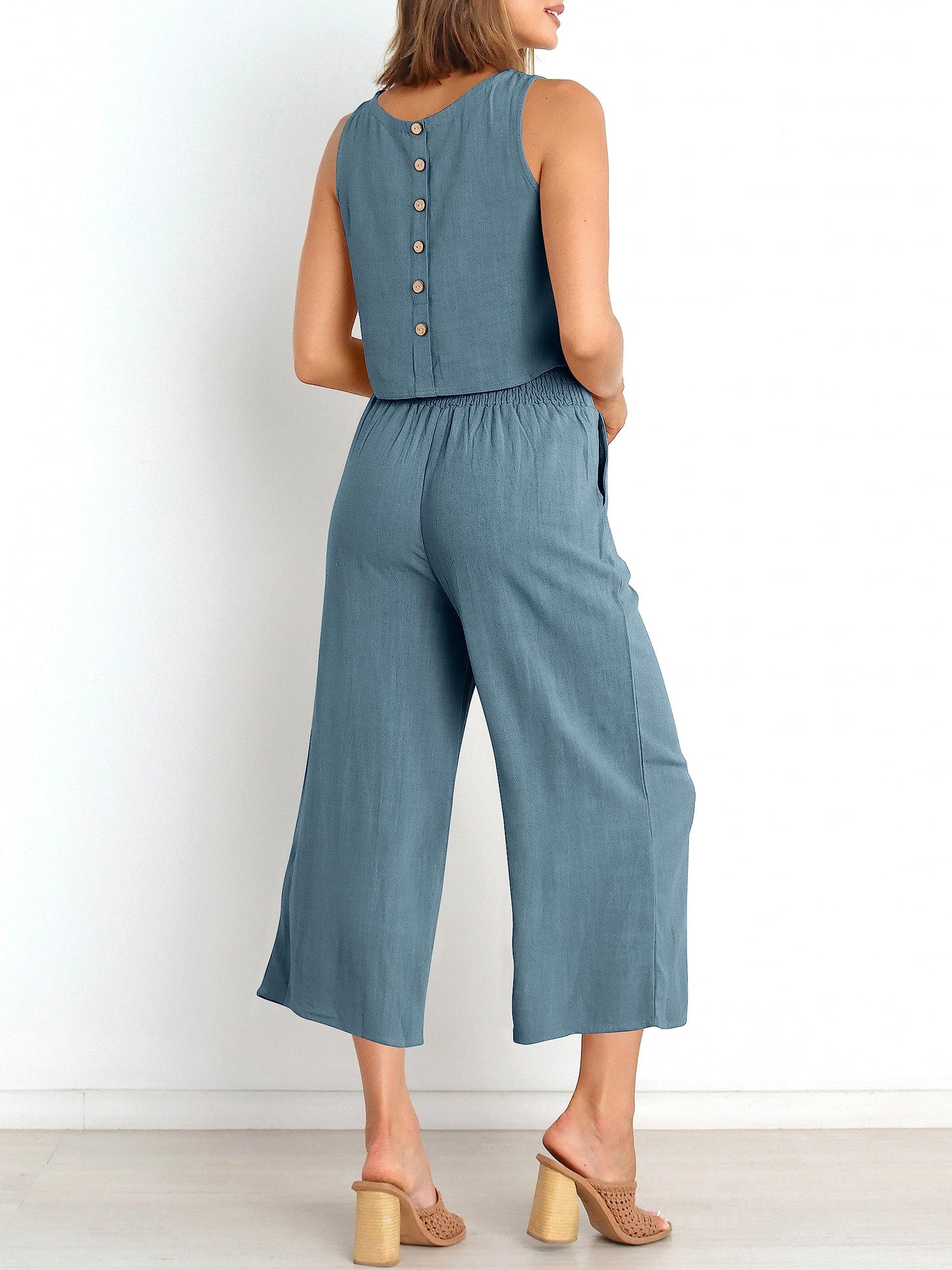 ANRABESS Conjuntos de 2 piezas de verano para mujer, top corto sin mangas, pantalones capri de pierna ancha, mono, conjuntos casuales de lino para estar en casa, ropa de playa, viajes, 2024, ropa de moda, gris, azul, pequeño