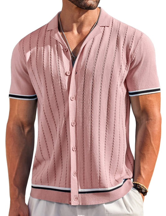 COOFANDY Contrast Knitted Shirt for Men Vintage Polo Shirt Short Sleeve Light Pink