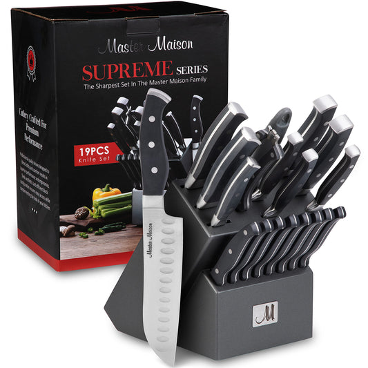 Master Maison 19-Piece Premium Kitchen Knife Set with Wooden Block and Knife Sharpener - German Stainless Steel Cutlery (Gray)