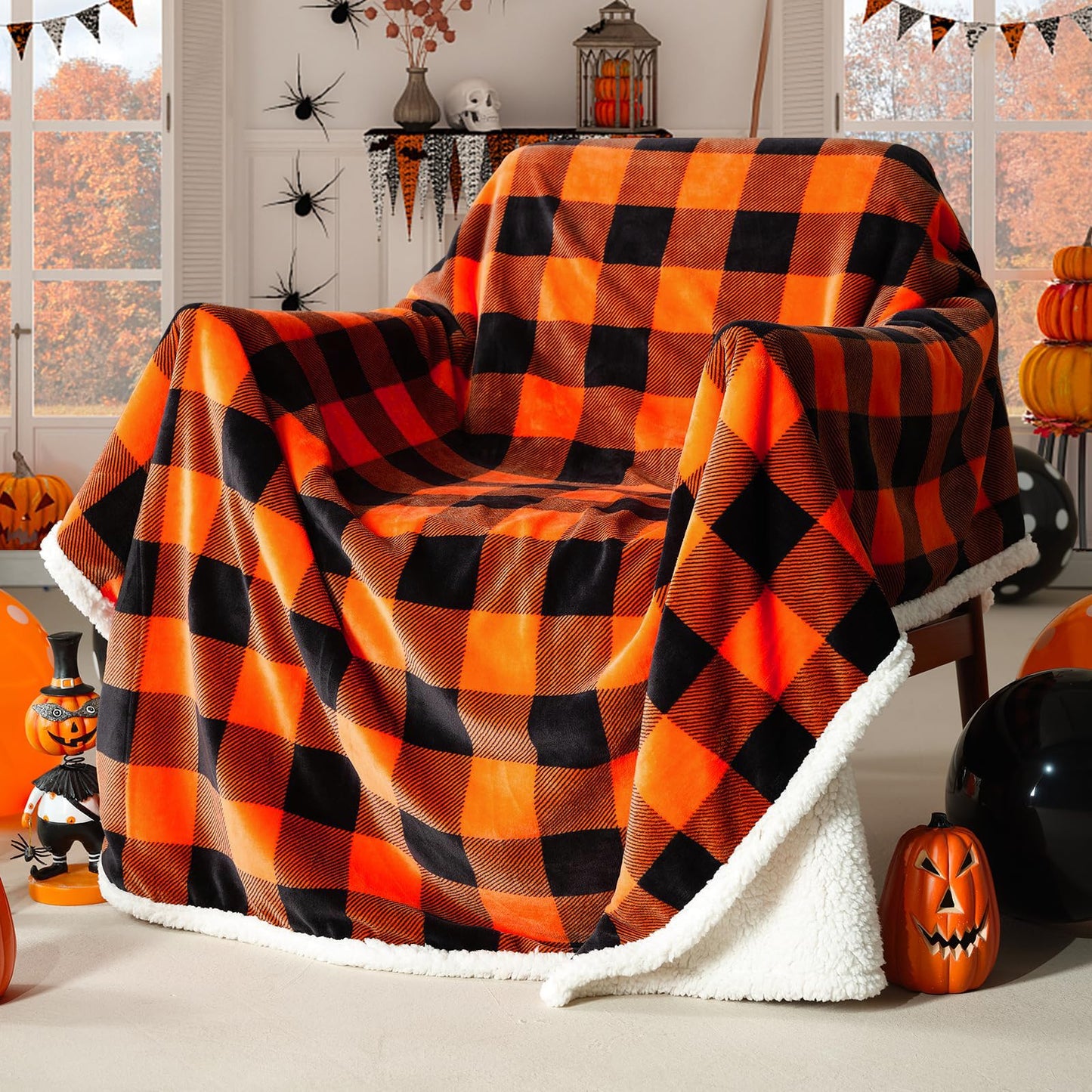 Manta doble de felpa de franela polar de microfibra para sofá cama, decoración de Halloween (60 x 70 pulgadas) de Touchat Sherpa con cuadros de búfalo naranja