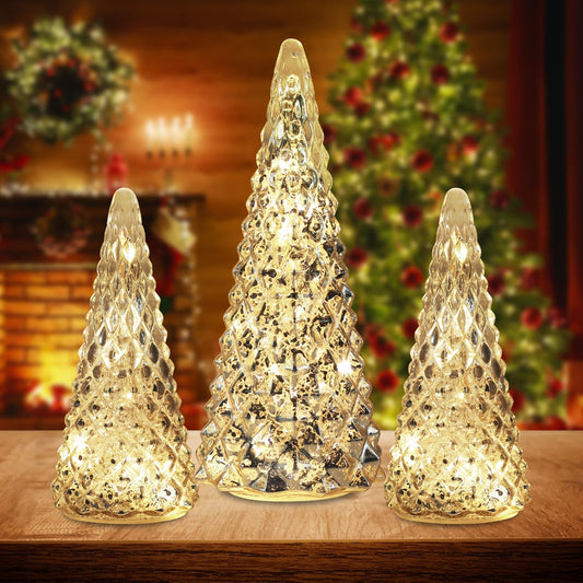 Christmas Decorations Indoor, YEAHOME Set of 3 Pre-lit Gold Glass Christmas Tree for Home Decor, Christmas Table Decorations Lighted Xmas Tree with Timer for Living Room Mantel Tabletop Party