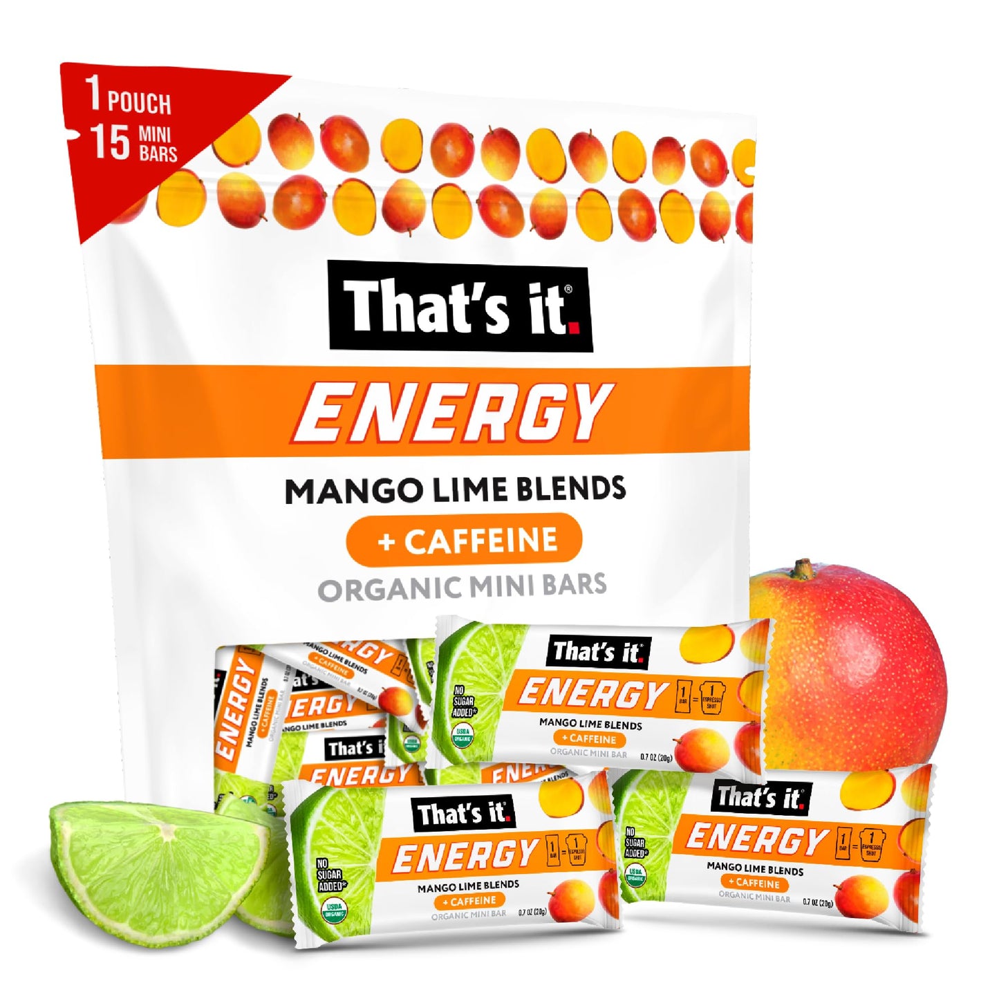 That's it. Mango Lime Caffeine Blends Energy Mini Bars (15 Count) Allergy-Friendly, Nut Free, non-GMO, Fat & Gluten Free Snacks