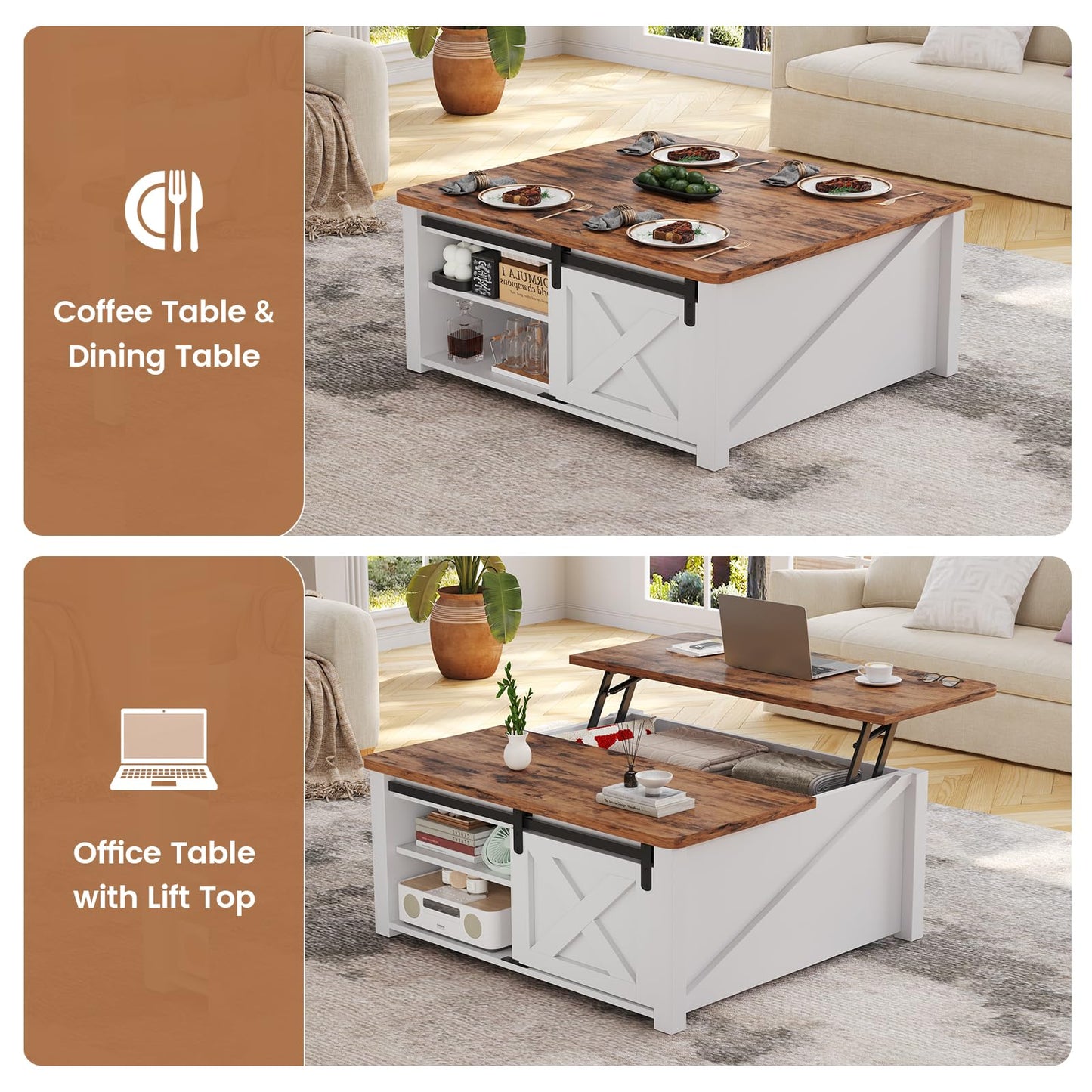 SEDETA Mesa de centro elevable de 31,5" con espacio de almacenamiento, mesa de centro cuadrada para sala de estar, mesa de centro estilo granja con compartimento de almacenamiento oculto grande y estantes ajustables, color blanco