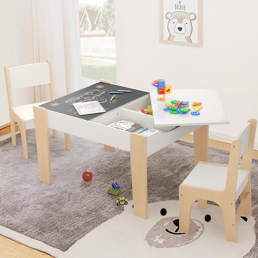 Juego de mesa y sillas para niños 4 en 1 de Curipeer, mesa y sillas para niños pequeños de 2 a 5 años con 2 pizarrones reversibles, mesa para niños con almacenamiento para actividades, juegos, arte, lectura y manualidades, color blanco y natural