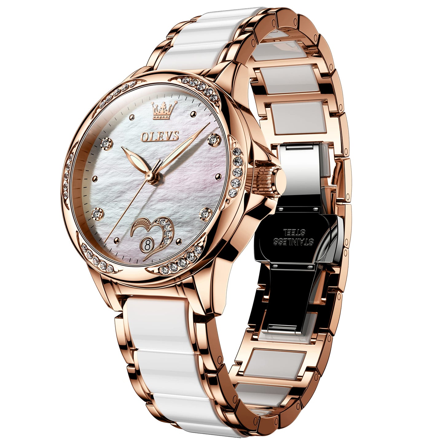 Reloj automático OLEVS de cuerda automática para mujer, de acero inoxidable, oro rosa, cerámica, esfera grande, corazón blanco, diamantes, nácar, resistente al agua, fecha, reloj para mujer en dos tonos