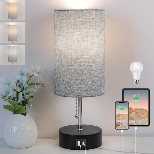 Lámpara de mesita de noche con 3 temperaturas de color, puerto USB A y puerto C, lámpara de mesa para dormitorio con bombilla LED, lámparas pequeñas para sala de estar (gris)