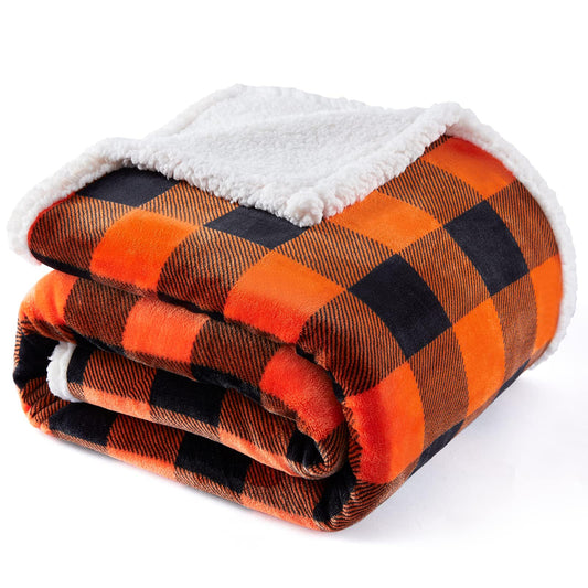 Touchat Sherpa Orange Buffalo Plaid Halloween Twin Blanket, Fall Fuzzy Fluffy Soft Cozy Blanket, Fleece Flannel Plush Microfiber Blanket for Couch Bed Sofa,Halloween Decor(60" X 70")