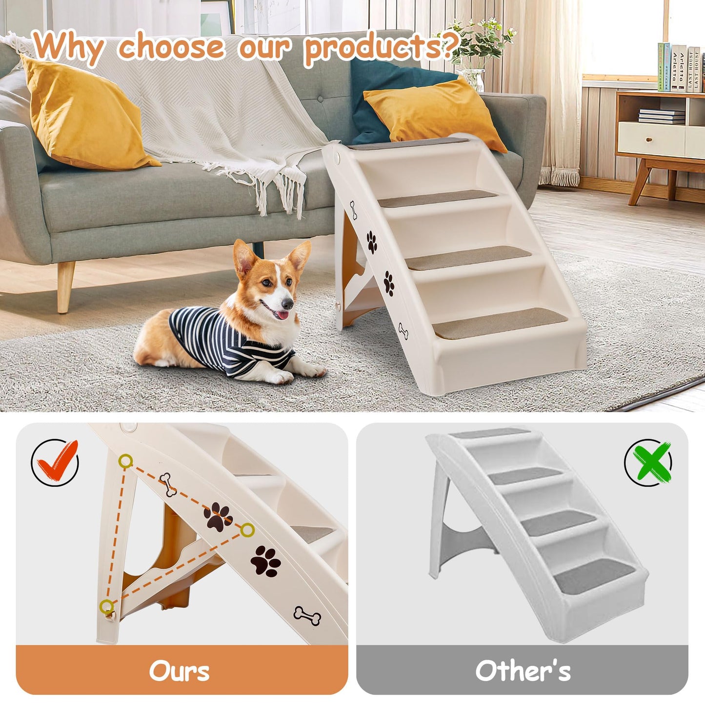 Pet Dog Stairs Foldable Nonslip Dog Steps for Small Pet Dogs Cats at Home and Vehicle Dog Ramp Ladder for High Beds Sofa (Tan)