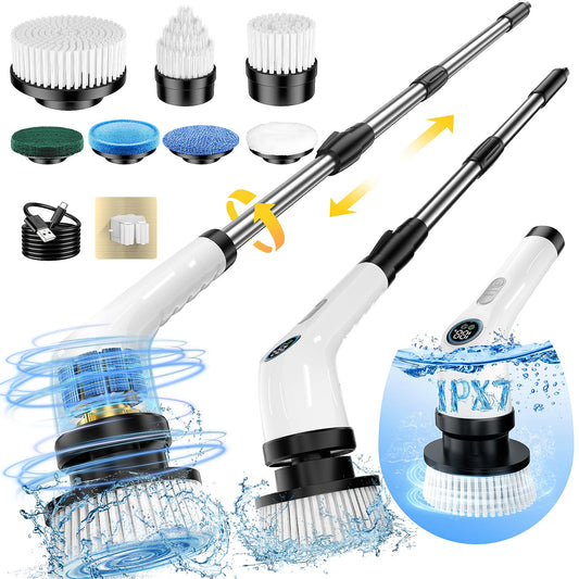 Electric Spin Scrubber, Full-Body IPX7 Waterproof Cordless Power Cleaning Brush with Adjustable Extension Handle, 2-Speed Shower Scrubber with 7 Replaceable Brush Heads for Bathroom, Kitchen Cleaning