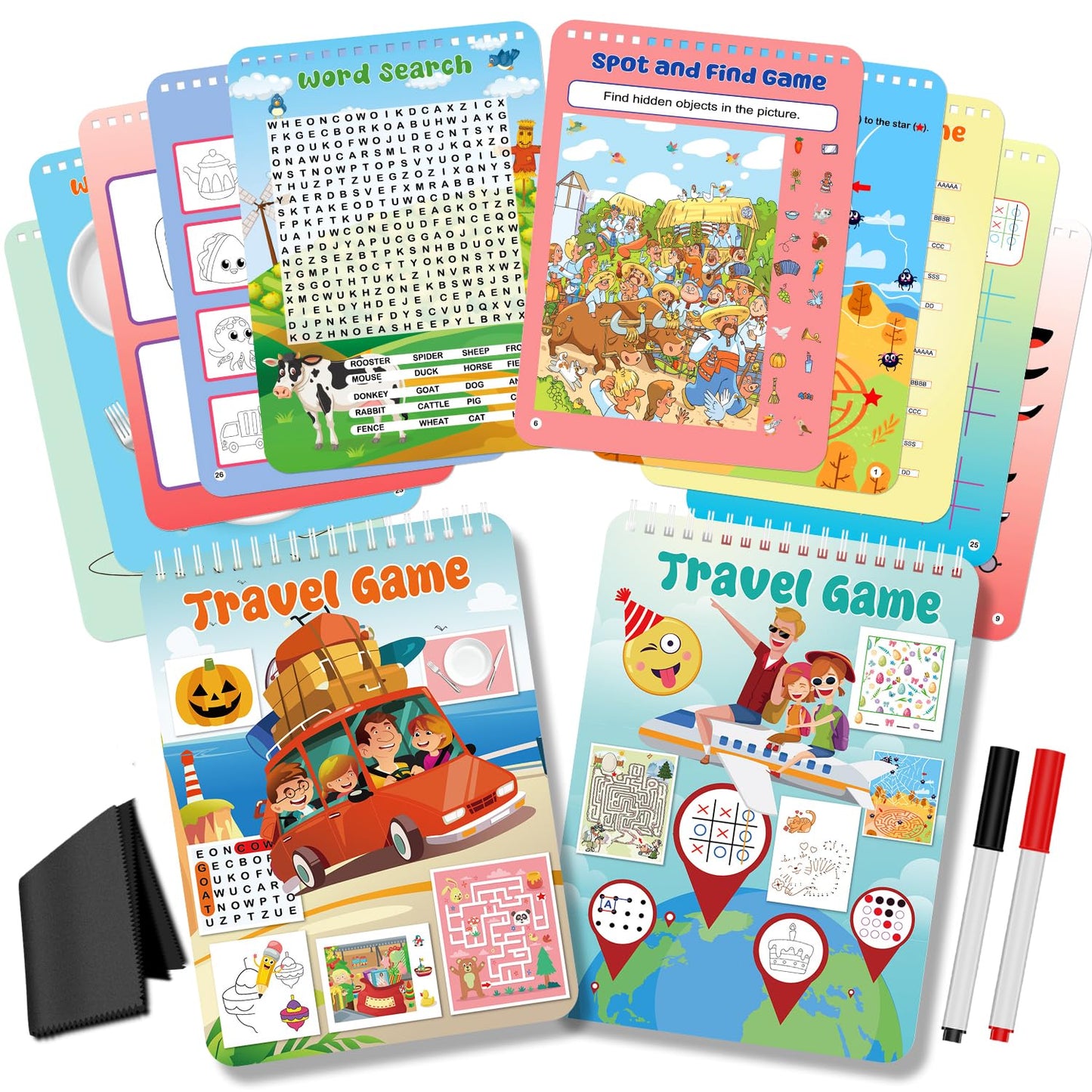 Elfew - Juego de 2 juegos de actividades reutilizables para niños de 4 a 8 y de 8 a 12 años. Incluye 56 juegos diferentes para 1 o 2 jugadores. Juguete y herramienta de aprendizaje para viajes por carretera y actividades en avión.