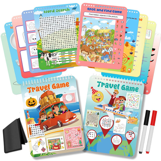 Elfew - Juego de 2 juegos de actividades reutilizables para niños de 4 a 8 y de 8 a 12 años. Incluye 56 juegos diferentes para 1 o 2 jugadores. Juguete y herramienta de aprendizaje para viajes por carretera y actividades en avión.