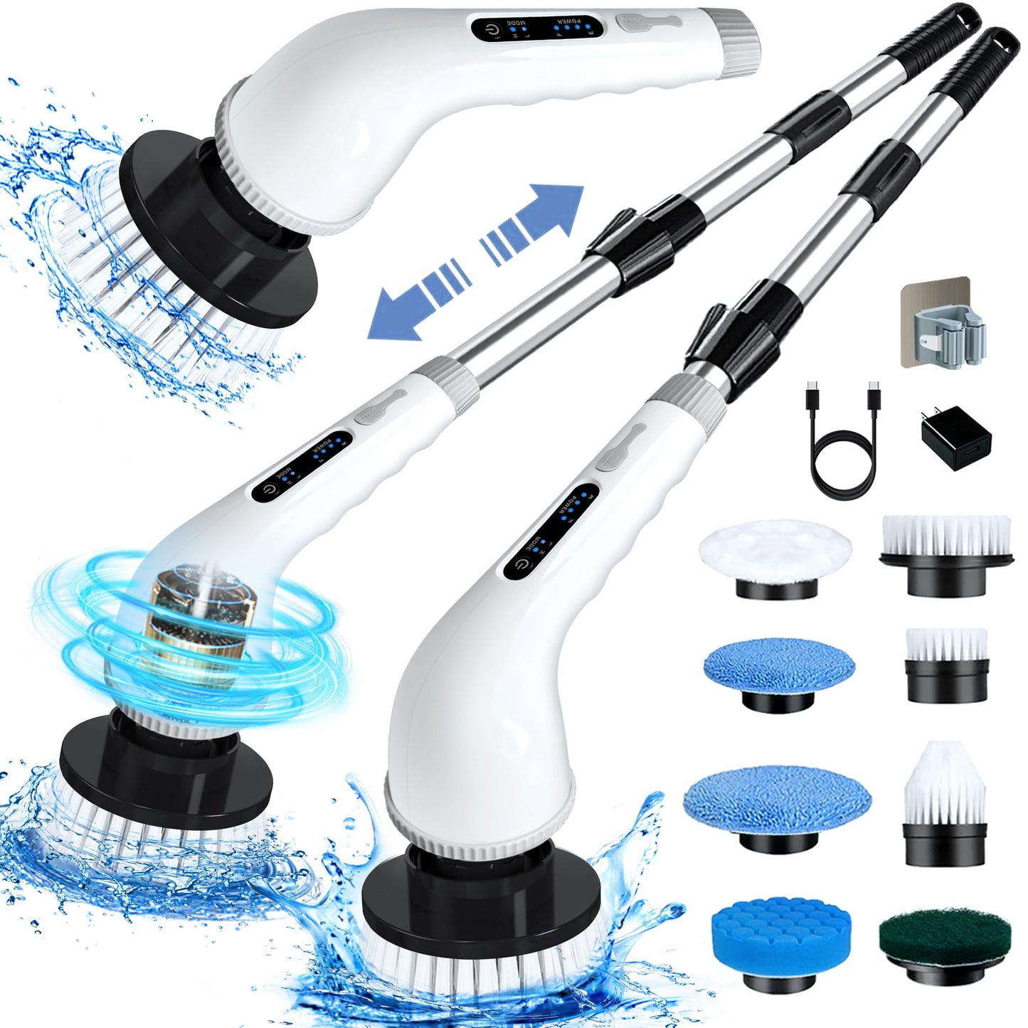 Electric Spin Scrubber, Cordless Cleaning Brush with 8 Replaceable Brush Heads, Shower Scrubber and Adjustable Extension Handle