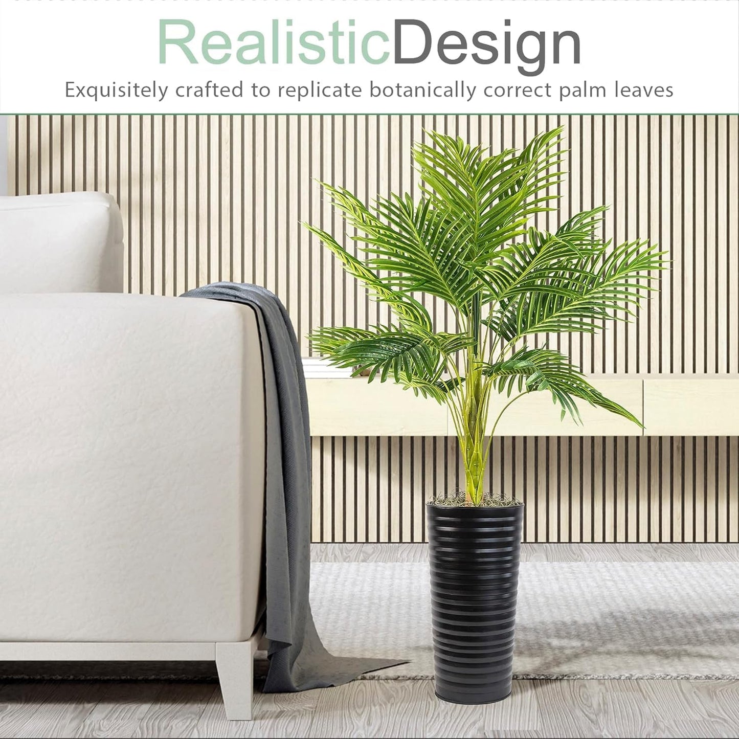 LCG Florals 4FT Artificial Palm Plant in Black Ribbed Metal Pot – Natural, Lifelike Foliage & Stems – Faux Indoor Tree or Fake House Plant for Décor at Home, Office, Living Spaces