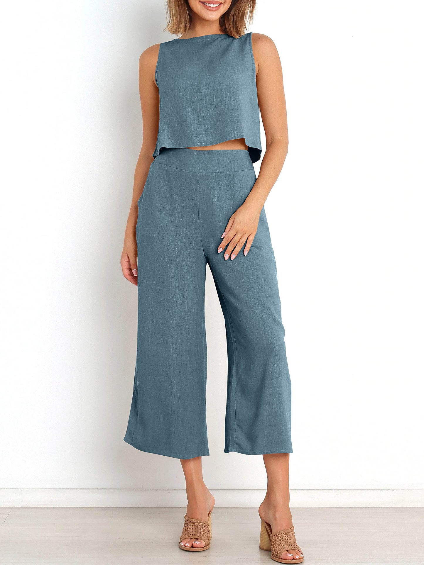 ANRABESS Conjuntos de 2 piezas de verano para mujer, top corto sin mangas, pantalones capri de pierna ancha, mono, conjuntos casuales de lino para estar en casa, ropa de playa, viajes, 2024, ropa de moda, gris, azul, pequeño