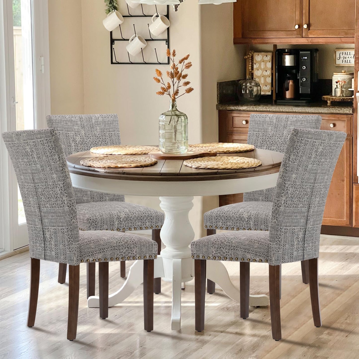 COLAMY Upholstered Parsons Dining Chairs Set of 4, Fabric Dining Room Kitchen Side Chair with Nailhead Trim and Wood Legs - Boho