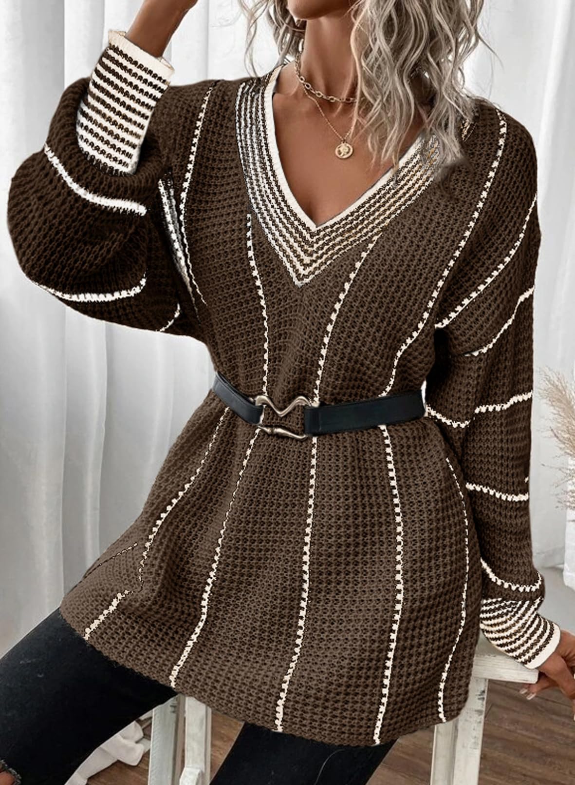 ***Dokotoo Womens V Neck Striped Knit Sweater 2023 Oversized Chunky Long Sleeve Winter Fall Sweaters for Women Cute Tunic Sweater Brown XX-Large