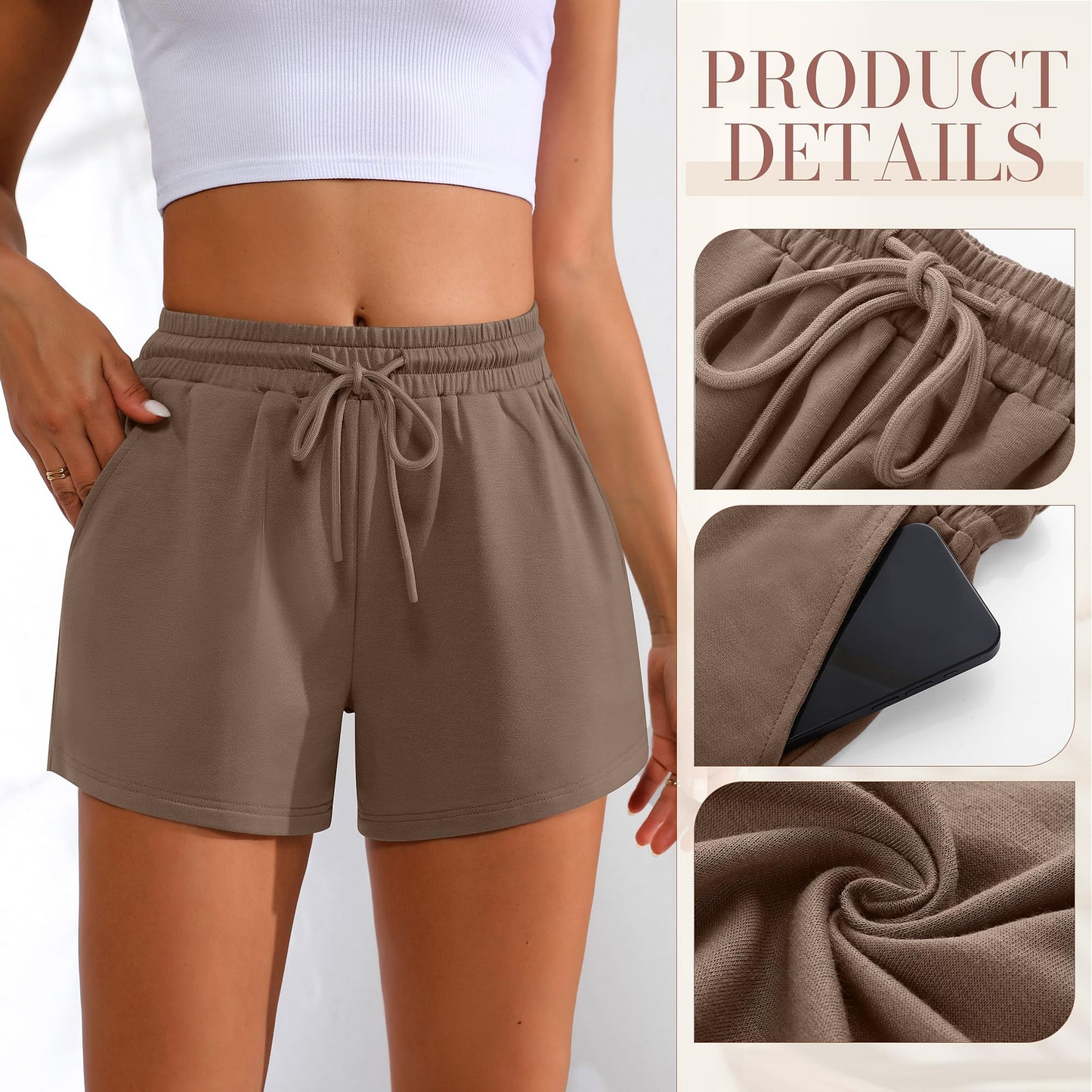 Neer - Pack de 3 pantalones cortos deportivos para mujer, cómodos, informales, con cordón, de cintura alta, para verano, con bolsillo, 2024 (negro, gris claro, marrón, M)