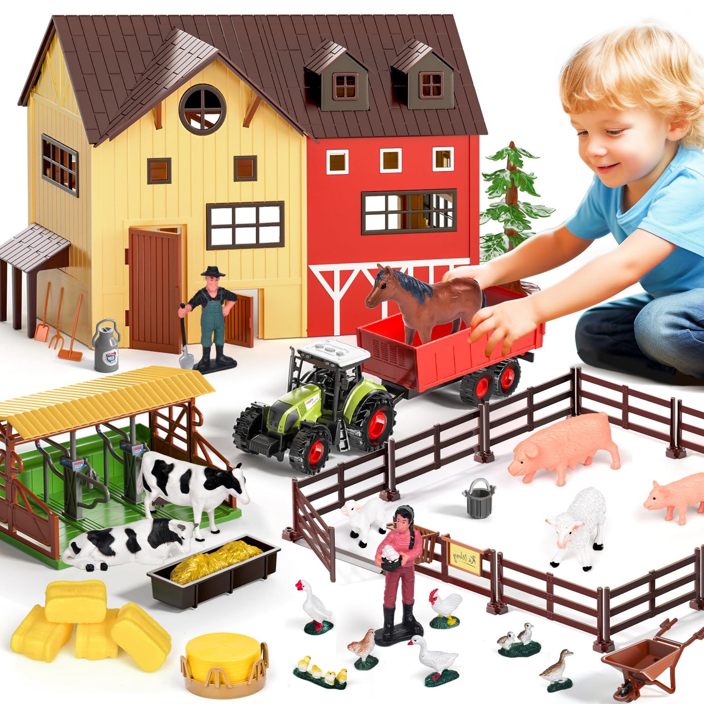 Pupu Pig Farm Animals Barn House Toys - Kids Tractor Toy with Lights & Sound, Horse Stable, Cowshed, Chicken Fence, Animal, Farm Accessories, Easter Birthday Gifts for Boys Toddlers Ages 3+