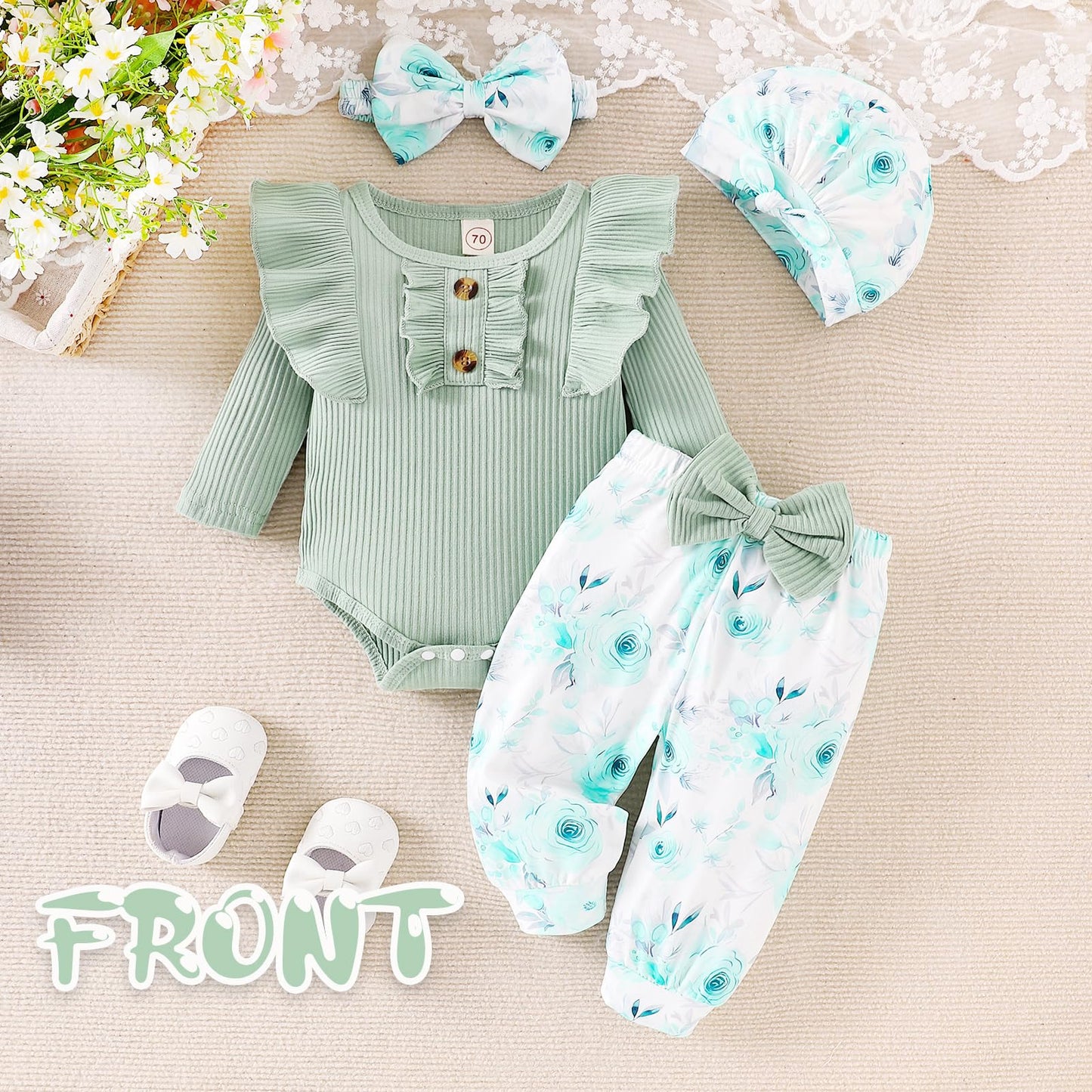 GDTOGRT Baby Girl Clothes Infant Newborn Outfits Romper Pants Cute Bow Headband Hat Sets Clothing for Baby Girls 0-3 Months