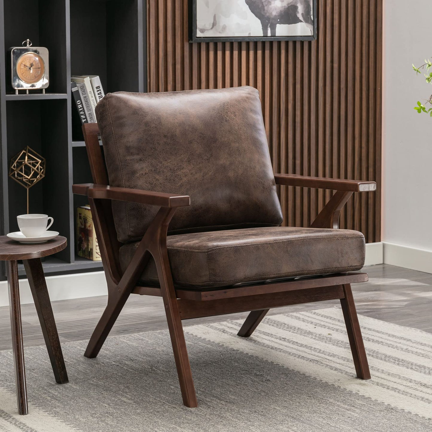 Bonzy Home Accent Chairs for Living Room,PU Leather Mid Century Modern Wood Reading Armchair with Removable Upholstered Cushions