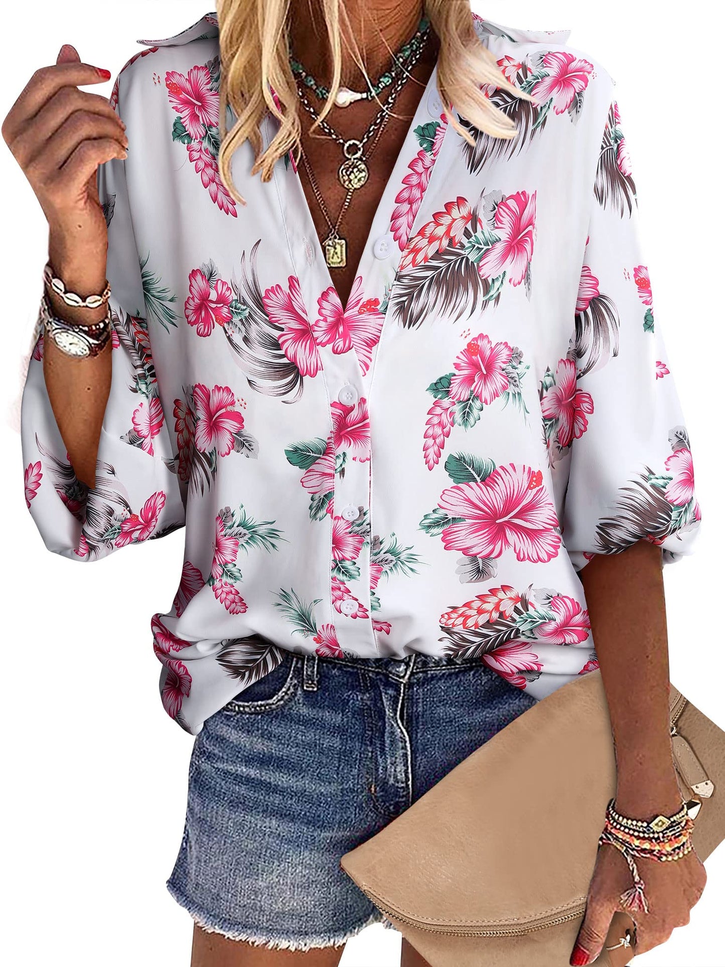 ZXZY Women Soft Dressy Floral Printed Button Down Tropical Hawaiian Shirt Blouse Tops Rosy