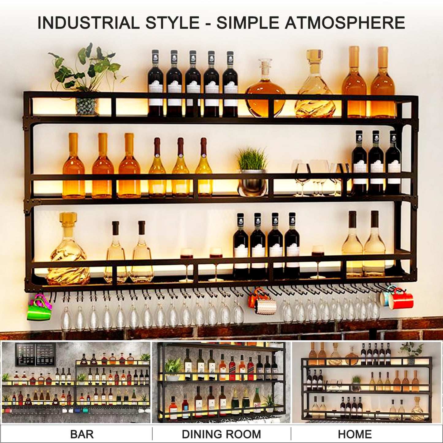 Wall Mounted Wine Rack 59In Glass Bottle Holder with LED Light, Large Metal Liquor Floating Shelf 3-Tiers Hanging Goblet Display Storage for Home Bar Kitchen Organizer Decor(Black, 59×9.8×35.4in)