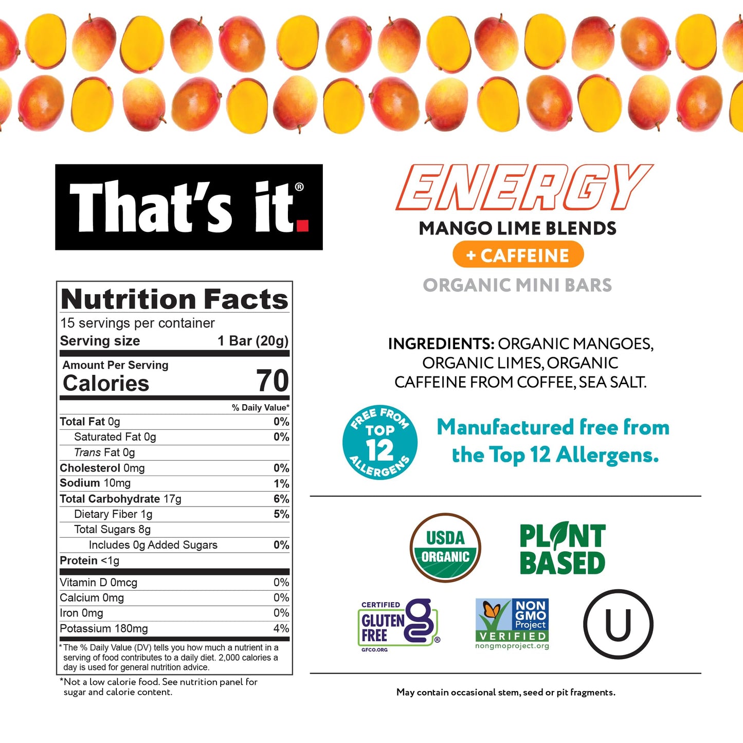 That's it. Mango Lime Caffeine Blends Energy Mini Bars (15 Count) Allergy-Friendly, Nut Free, non-GMO, Fat & Gluten Free Snacks