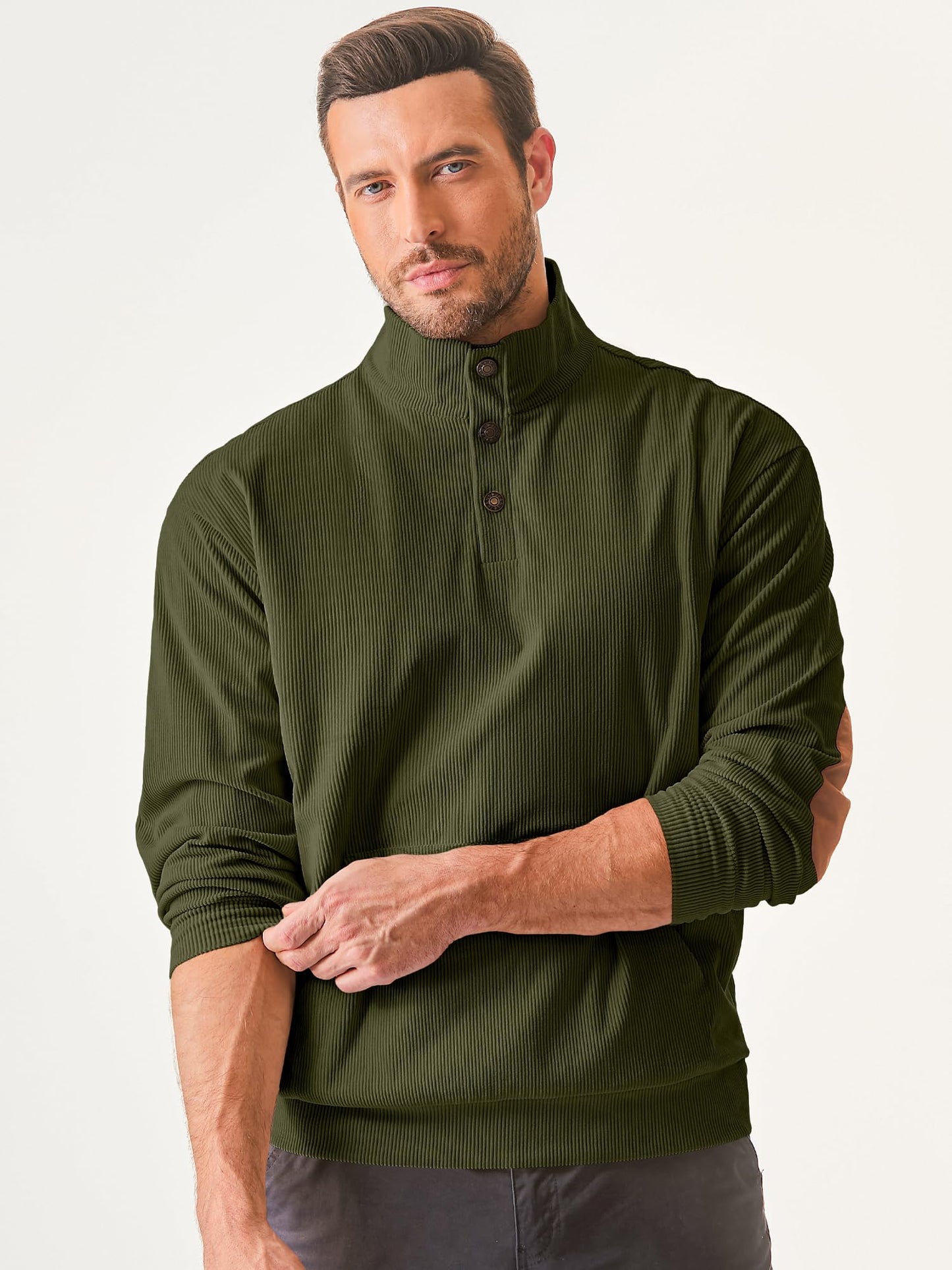 JMIERR Sweatshirts for Men Long Sleeve 1/4 Button Corduroy Collared Pullovers Sweaters Fall Fashion Clothing with Pockets, 2XL, Jungle Green