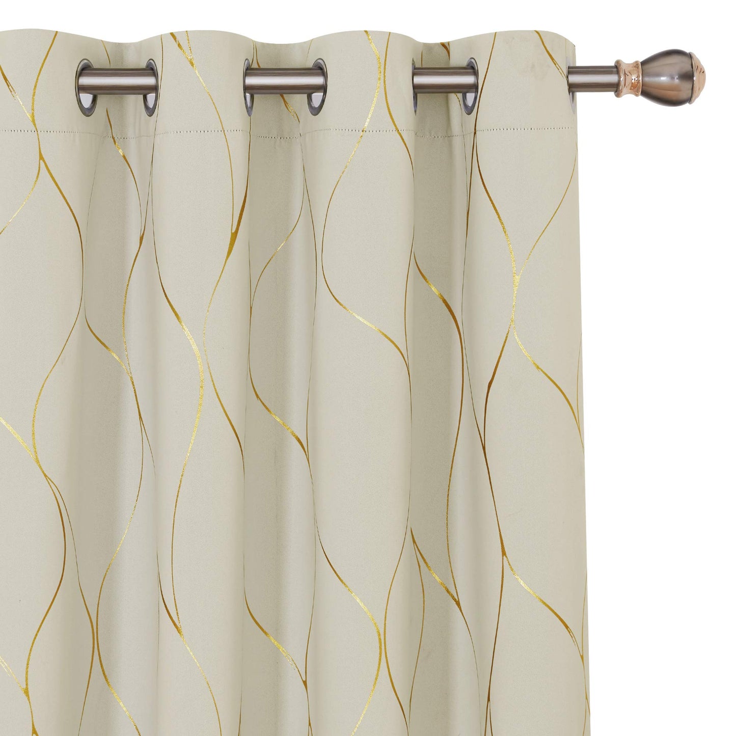 Deconovo Light Beige Blackout Curtains, 52W x 84L Inch, Grommet Light Blocking Room Darkening Curtain - Gold Wave Foil Print Noise Reducing Window Drapes for Living Room, Set of 2 Panels