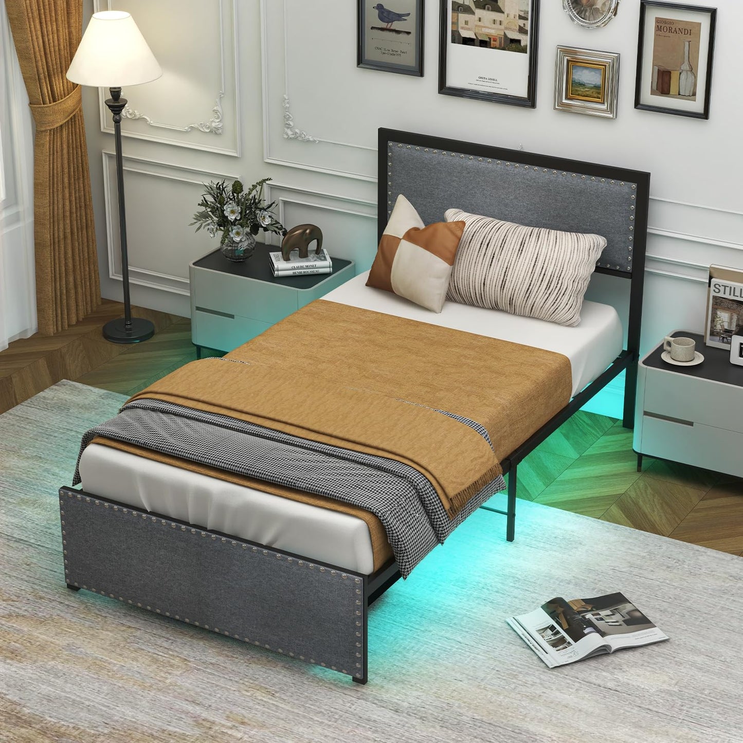 Marco de cama doble Giantex con luces LED y cajón de almacenamiento, cama LED tapizada con cabecera de tela de lino, soporte de listones de metal, no necesita somier,