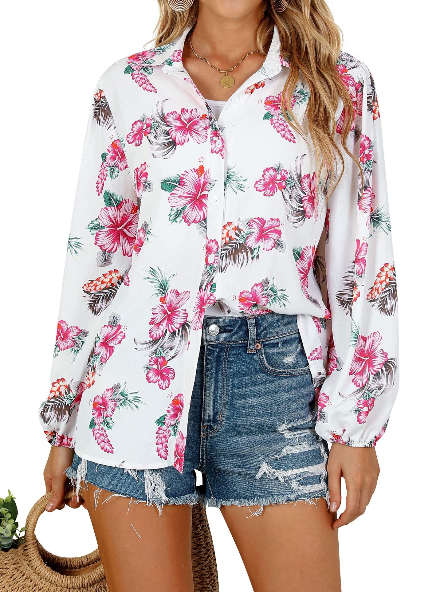 ZXZY Blusa hawaiana con botones y estampado floral suave y elegante para mujer, estilo tropical, color rosa