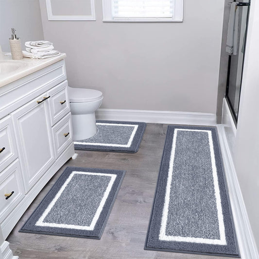 Pauwer Bathroom Rug Mat Set 3 Piece, Microfiber Shaggy Bath Set, Non-Slip Ultra Soft Carpet Mats, Absorbent with U-Shaped Toilet for Bathroom, Tub, Shower, Dark Grey