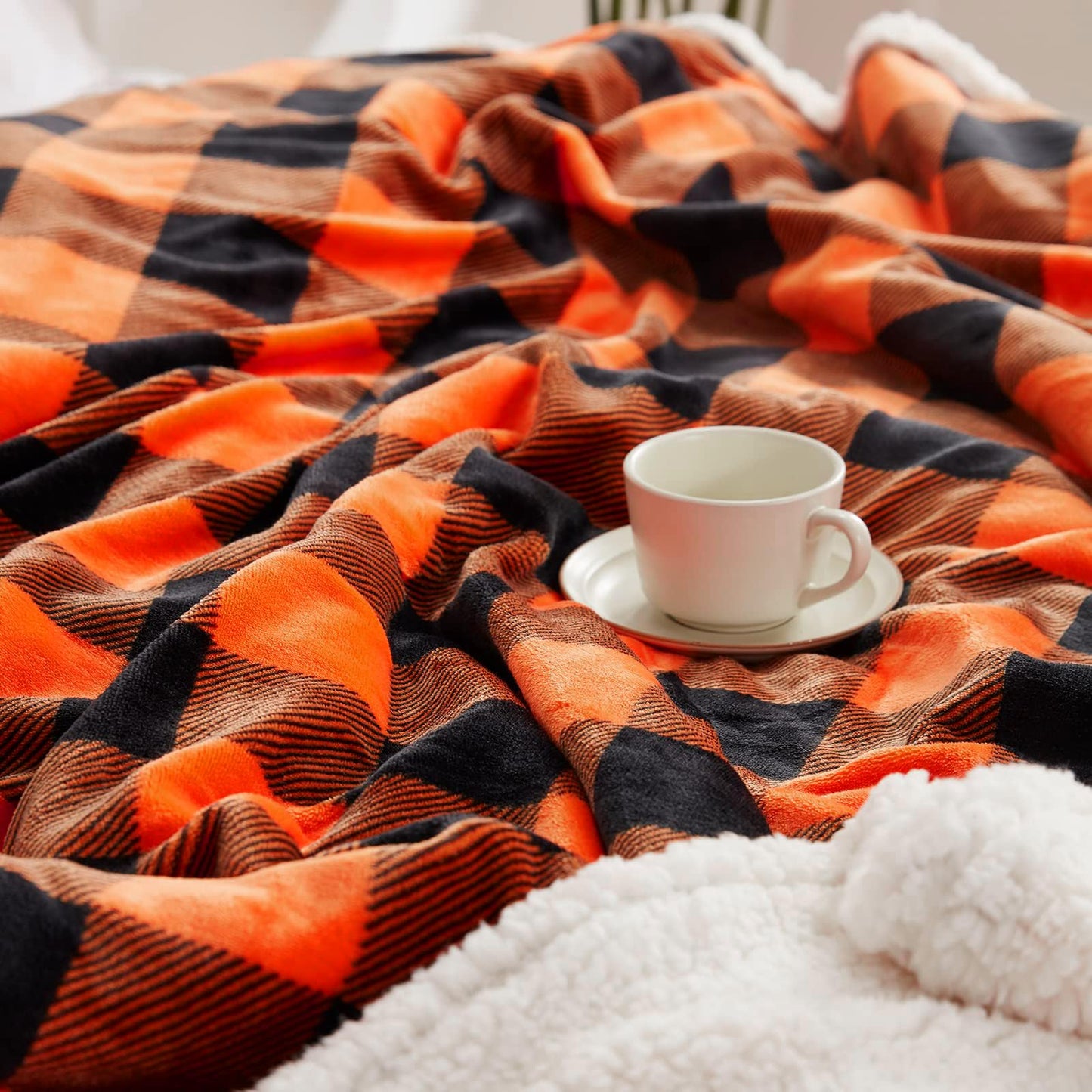 Touchat Sherpa Orange Buffalo Plaid Halloween Twin Blanket, Fall Fuzzy Fluffy Soft Cozy Blanket, Fleece Flannel Plush Microfiber Blanket for Couch Bed Sofa,Halloween Decor(60" X 70")